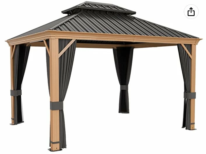 Gazebo Parts Direct 10' X 12' Hardtop Gazebo, Outdoor Wood Grain Frame Aluminum Gazebo,Double Roof Permanent Patio Gazebo Canopy With Netting And Curtains For Garden, Patio, Lawns, Parties (Grey) 2 Gazebo Parts Direct 10' X 12' Hardtop Gazebo, Outdoor Wood Grain Frame Aluminum Gazebo,Double Roof Permanent Patio Gazebo Canopy With Netting And Curtains For Garden, Patio, Lawns, Parties (Grey) - Image 2