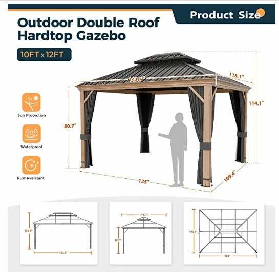 Gazebo Parts Direct 10' X 12' Hardtop Gazebo, Outdoor Wood Grain Frame Aluminum Gazebo,Double Roof Permanent Patio Gazebo Canopy With Netting And Curtains For Garden, Patio, Lawns, Parties (Grey) 3 Gazebo Parts Direct 10' X 12' Hardtop Gazebo, Outdoor Wood Grain Frame Aluminum Gazebo,Double Roof Permanent Patio Gazebo Canopy With Netting And Curtains For Garden, Patio, Lawns, Parties (Grey) - Image 3