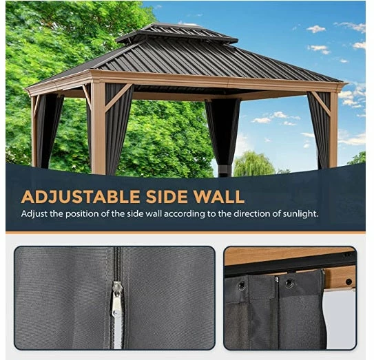 Gazebo Parts Direct 10' X 12' Hardtop Gazebo, Outdoor Wood Grain Frame Aluminum Gazebo,Double Roof Permanent Patio Gazebo Canopy With Netting And Curtains For Garden, Patio, Lawns, Parties (Grey) 4 Gazebo Parts Direct 10' X 12' Hardtop Gazebo, Outdoor Wood Grain Frame Aluminum Gazebo,Double Roof Permanent Patio Gazebo Canopy With Netting And Curtains For Garden, Patio, Lawns, Parties (Grey) - Image 4