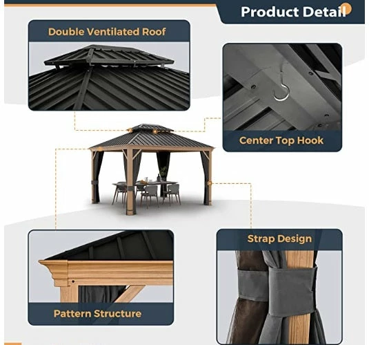 Gazebo Parts Direct 10' X 12' Hardtop Gazebo, Outdoor Wood Grain Frame Aluminum Gazebo,Double Roof Permanent Patio Gazebo Canopy With Netting And Curtains For Garden, Patio, Lawns, Parties (Grey) 5 Gazebo Parts Direct 10' X 12' Hardtop Gazebo, Outdoor Wood Grain Frame Aluminum Gazebo,Double Roof Permanent Patio Gazebo Canopy With Netting And Curtains For Garden, Patio, Lawns, Parties (Grey) - Image 5