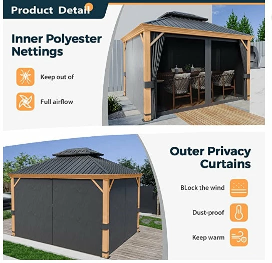 Gazebo Parts Direct 10' X 12' Hardtop Gazebo, Outdoor Wood Grain Frame Aluminum Gazebo,Double Roof Permanent Patio Gazebo Canopy With Netting And Curtains For Garden, Patio, Lawns, Parties (Grey) 6 Gazebo Parts Direct 10' X 12' Hardtop Gazebo, Outdoor Wood Grain Frame Aluminum Gazebo,Double Roof Permanent Patio Gazebo Canopy With Netting And Curtains For Garden, Patio, Lawns, Parties (Grey) - Image 6