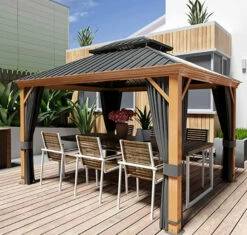 Gazebo Parts Direct 10' X 12' Hardtop Gazebo, Outdoor Wood Grain Frame Aluminum Gazeboļ¼Double Roof Permanent Patio Gazebo Canopy With Netting And Curtains For Garden, Patio, Lawns, Parties (Grey)