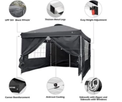 Gazebo Parts Direct Canopy 10'x10' Pop Up Commercial Instant Gazebo Tent, Fully Waterproof, Outdoor Party Canopies With 4 Removable Zippered Sidewalls, Stakes X8, Ropes X4 (Black, 10x10FT)