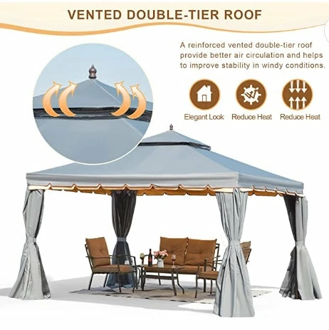Gazebo Parts Direct 10' X 12' Outdoor Canopy Gazebo, Double Roof Patio Gazebo Steel Frame With Netting And Shade Curtains For Garden, Patio, Party Canopy, Grey 2 Gazebo Parts Direct 10' X 12' Outdoor Canopy Gazebo, Double Roof Patio Gazebo Steel Frame With Netting And Shade Curtains For Garden, Patio, Party Canopy, Grey - Image 2