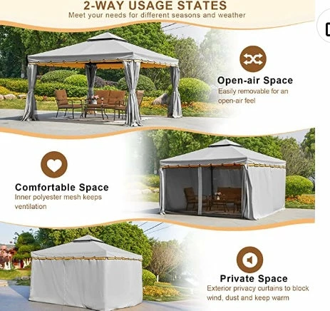 Gazebo Parts Direct 10' X 12' Outdoor Canopy Gazebo, Double Roof Patio Gazebo Steel Frame With Netting And Shade Curtains For Garden, Patio, Party Canopy, Grey 4 Gazebo Parts Direct 10' X 12' Outdoor Canopy Gazebo, Double Roof Patio Gazebo Steel Frame With Netting And Shade Curtains For Garden, Patio, Party Canopy, Grey - Image 4