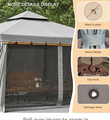 Gazebo Parts Direct 10' X 12' Outdoor Canopy Gazebo, Double Roof Patio Gazebo Steel Frame With Netting And Shade Curtains For Garden, Patio, Party Canopy, Grey 5 Gazebo Parts Direct 10' X 12' Outdoor Canopy Gazebo, Double Roof Patio Gazebo Steel Frame With Netting And Shade Curtains For Garden, Patio, Party Canopy, Grey - Image 5