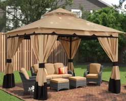 Gazebo Parts Direct 8'x8' Outdoor Gazebo, Double Roof Patio Gazebo With Shade Curtains, Beige