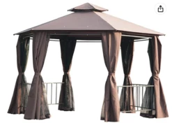 Gazebo Parts Direct 13' X 13' Outdoor Patio Gazebo Canopy Pavilion With Removable Mesh Netting, Curtains, Double Tiered Roof, UV Protection & Large Floor Space Coffee Hexagon