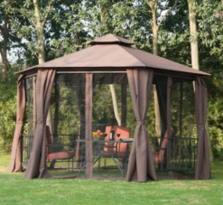 Gazebo Parts Direct 13' X 13' Outdoor Patio Gazebo Canopy Pavilion With Removable Mesh Netting, Curtains, Double Tiered Roof, UV Protection & Large Floor Space Coffee Hexagon -Deals Gazebo Parts Direct Store hexagon13c