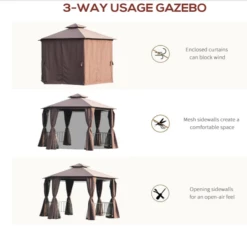 Gazebo Parts Direct 13' X 13' Outdoor Patio Gazebo Canopy Pavilion With Removable Mesh Netting, Curtains, Double Tiered Roof, UV Protection & Large Floor Space Coffee Hexagon -Deals Gazebo Parts Direct Store hexagon13e