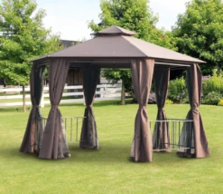 Gazebo Parts Direct 13' X 13' Outdoor Patio Gazebo Canopy Pavilion With Removable Mesh Netting, Curtains, Double Tiered Roof, UV Protection & Large Floor Space Coffee Hexagon -Deals Gazebo Parts Direct Store hexagon13f