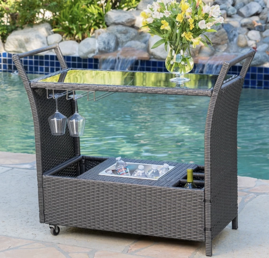 Gazebo Parts Direct Caribbean Outdoor Wicker Bar Cart With Cooler Wine Glass Holder And Glass Top 2 Gazebo Parts Direct Caribbean Outdoor Wicker Bar Cart With Cooler Wine Glass Holder And Glass Top - Image 2
