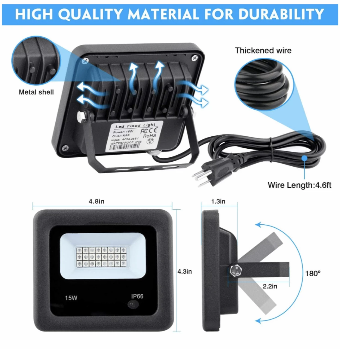 Gazebo Parts Direct GPD LED Flood Lights With Remote Control, 4 Pack 15W IP66 Waterproof Dimmable Led Landscape Lighting, 16 Colors 4 Modes Indoor Outdoor Wall Washer Spot Light Stage Light 6 Gazebo Parts Direct GPD LED Flood Lights With Remote Control, 4 Pack 15W IP66 Waterproof Dimmable Led Landscape Lighting, 16 Colors 4 Modes Indoor Outdoor Wall Washer Spot Light Stage Light - Image 6