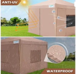 Gazebo Parts Direct Privacy 8x8 Ez Pop Up Canopy Tent Enclosed Instant Canopy Shelter Portable With Sidewalls And Mesh Windows Waterproof (Tan) -Deals Gazebo Parts Direct Store pop3